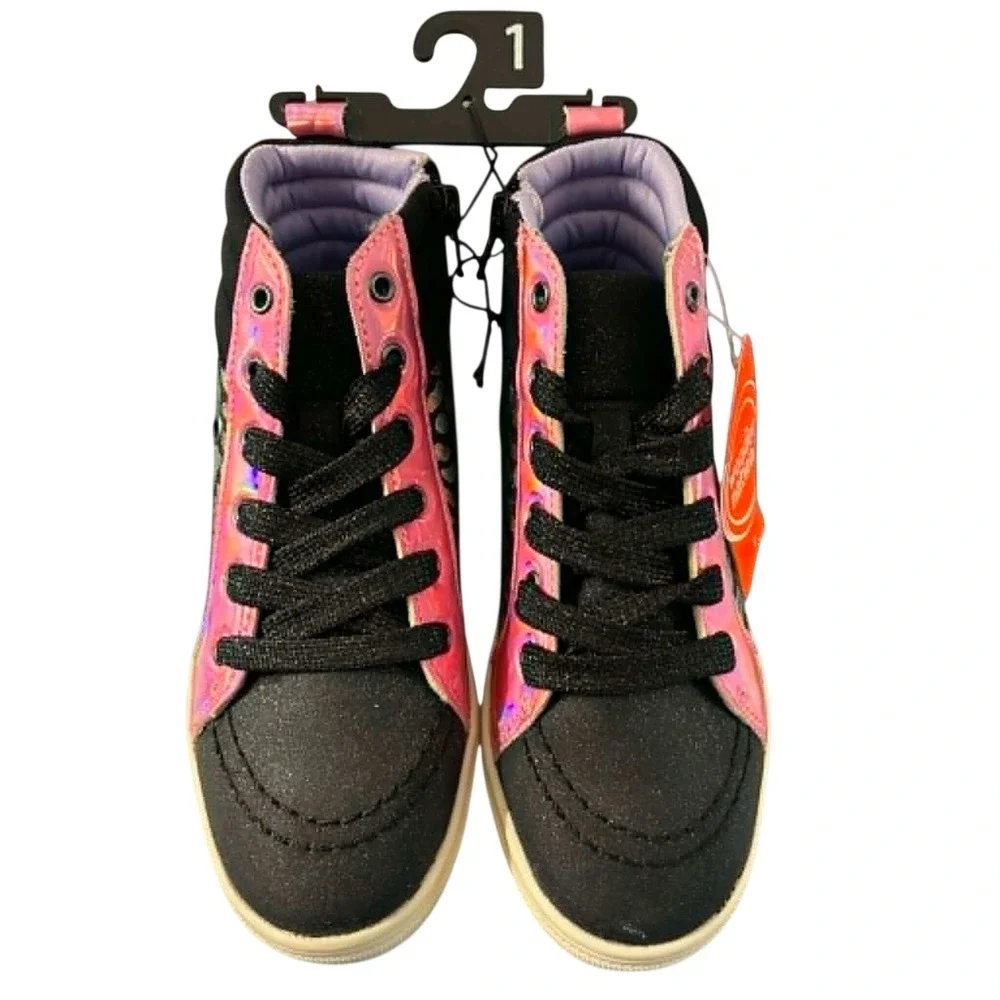 Wonder Nation High Top Sneakers Girls Size 1 Black Pink Leopard Lace Up New
